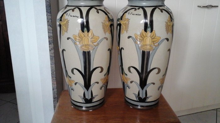 G. Fieravino - pair of glazed ceramic vases in art nouveau style
