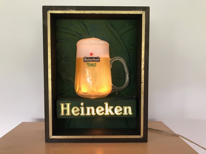 Wooden Heineken Beer light box with moving bubbles - from the 70s