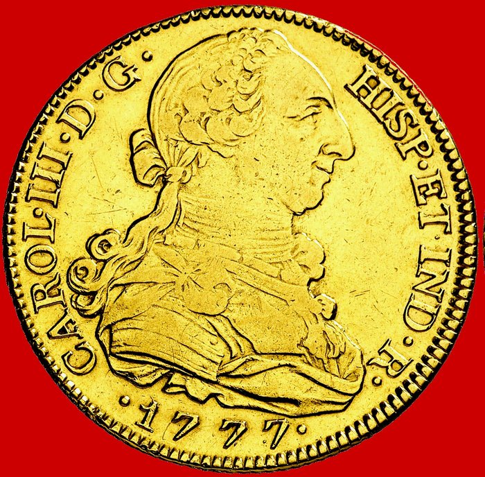 España - Carlos III (1759 - 1788). 8 escudos de oro - 1777 - Madrid. Rara.