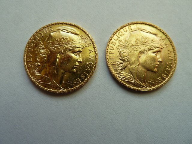 法国 – 20法郎“高卢雄鸡”1905年和1908年（一批2枚）– 金币。