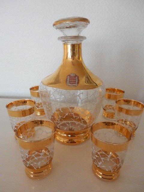 Very nice aperitif, mulled wine - port or liqueur set - 6 glasses + carafe with stopper - glassware of Monaco - Monte-Carlo - 1950 - France
