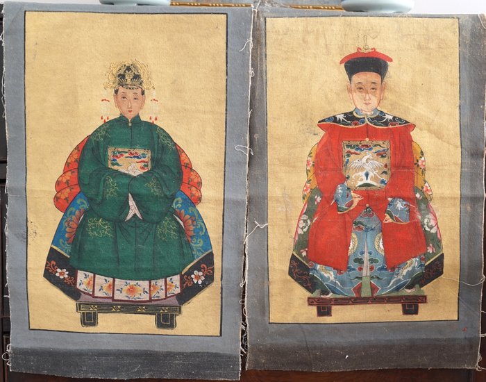 Two ancestor portraits on linen - China - late 20th century