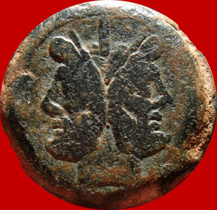 Roman Republic - Anonymous bronze Janus as (43,30 g. 33 mm.) minted in Rome around 206 - 194 B.C. Janus head / prow of galley. Thunderbolt series. Extremely rare and heavy coin.