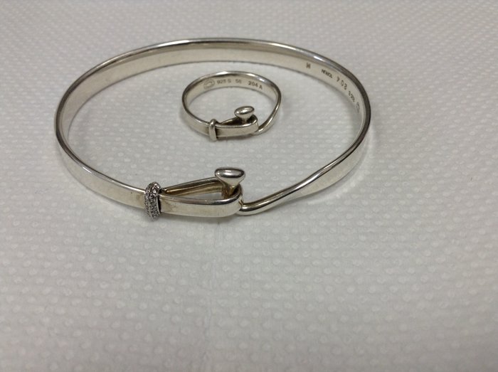 Georg Jensen - "Torun" bangle .and ring - sterling silver with 18 kt. white gold and brilliant cut diamonds