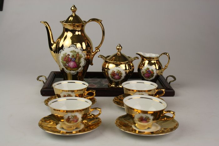 Bavaria - 22 k gold leaf porcelain tea set - 4 people -Including ornate tray