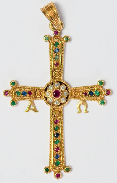 19,2 K Gold Byzantine Cross, Byzantinisches Kreuz, 19,2 Karat Gold mit Edelsteinen