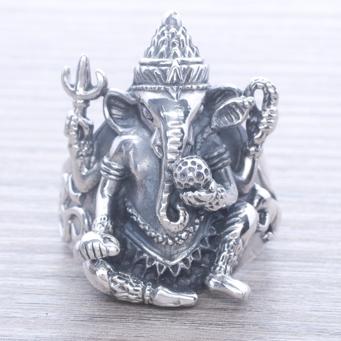 Sterling silver Ganesha sacred elephant-shaped men's ring in Balinese design.
