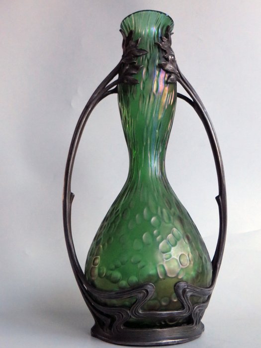 Loetz Diaspora - Art Nouveau iridescent glass vase in metal mount