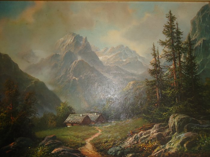 Gerhard Nesvadba (1941) - Berglandschap met huisjes (Mountain landscape with houses)