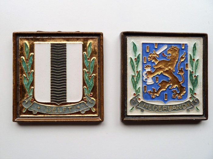 Porceleyne Fles (Royal Delft) - 2 Cloisonné tiles - Province and city coat of arms