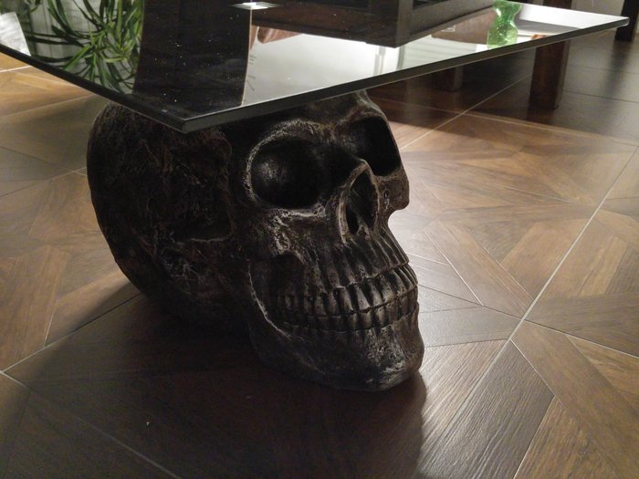 Table with dark glass (tempered glass) on huge big skull base - morbid charm with style