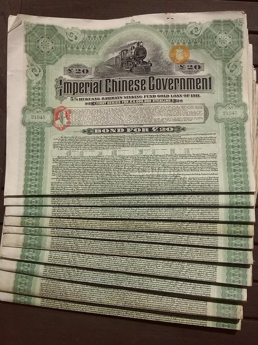 £20 Imperial Chinese Government 1911 Hukuang Railway Gold Bond 
