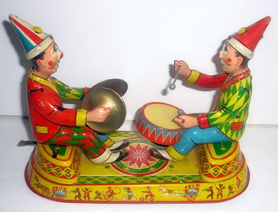 EHN, Western Germany - Length 22 cm - Tin wind-up Musical Clowns, Roberto and Antonio, 50s