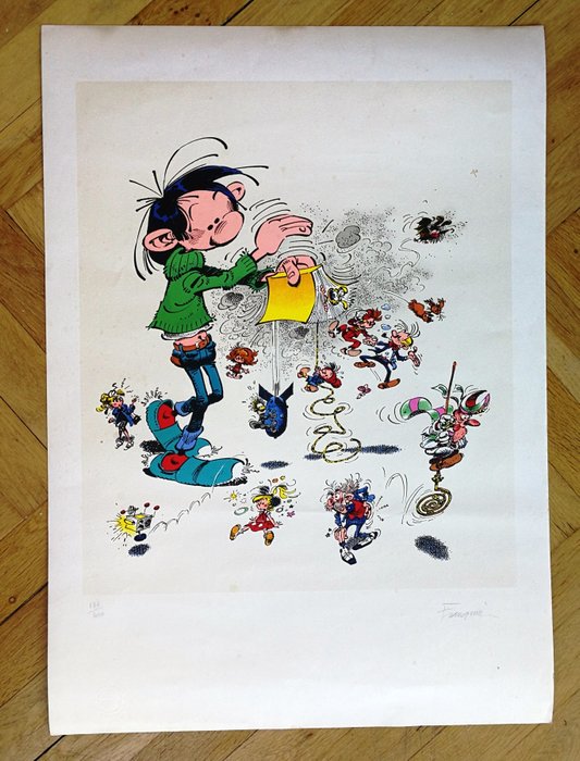 Franquin, André - Silkscreen - Gaston secouant un livre d'où tombent les personnages créées par Franquin 