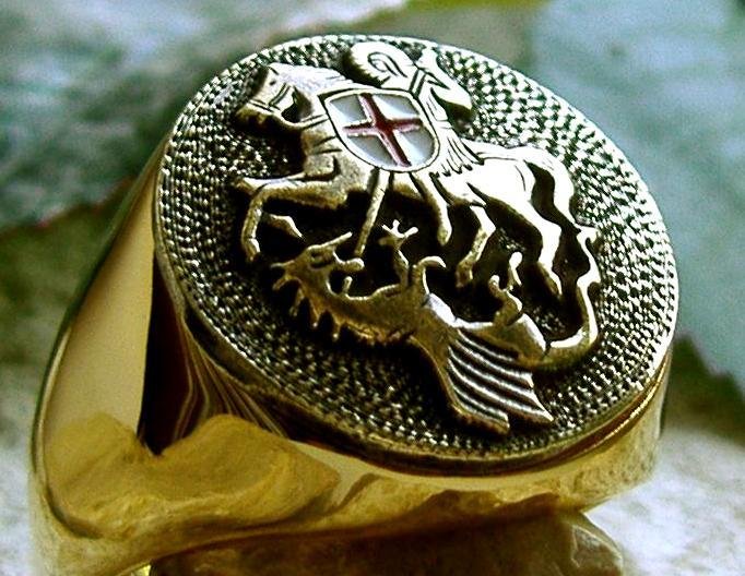 Cristianesimo San Giorgio Arcangelo che uccide il drago Placcato in oro 24kt - Anello