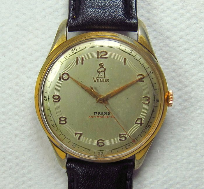 Venus Manual Winding Mens' Wristwatch-Oversized Case-Gold Plated-Swiss Made-Vintage 1950s