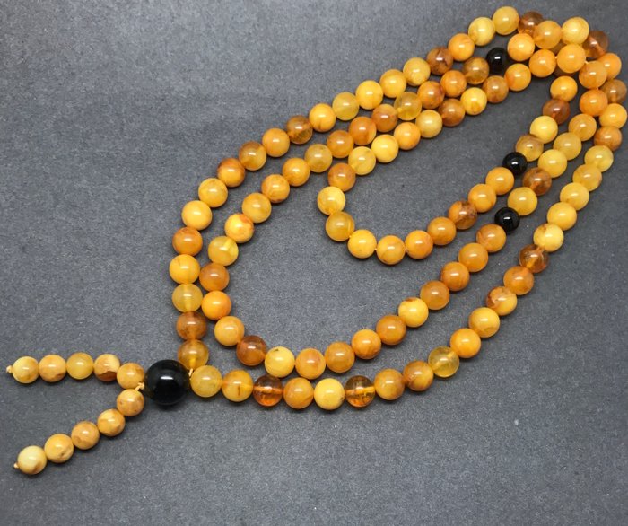 Japa Mala Necklace of natural Baltic amber beads 8.5 mm in diameter and coral - dark honey / butterscotch
