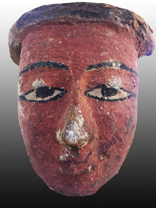 Ancient Egyptian wooden Mummy Mask with red pigment  - 9 Inches