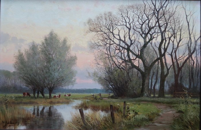 W. J. Alberts (1912 - 1990) - Dutch landscape with red pied cows and a brook.
