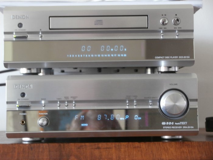 Denon stereo receiver DRA-201SA and CD player DRD-201-SA with remote control and user manual.