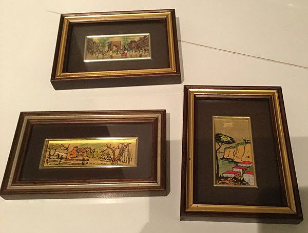 Three small paintings on 22 k gold leaf plating