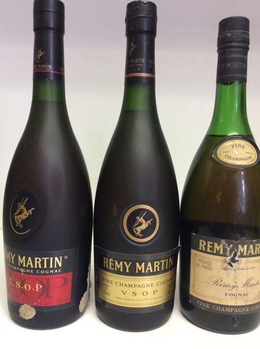 2000s Rémy Martin V.S.O.P. Fine Champagne Cognac, 1990s Rémy Martin V.S.O.P. Fine Champagne Cognac, 1970s Rémy Martin Grand Cru V.S. Petite Champagne Cognac, France , 3 bottles 0,7l