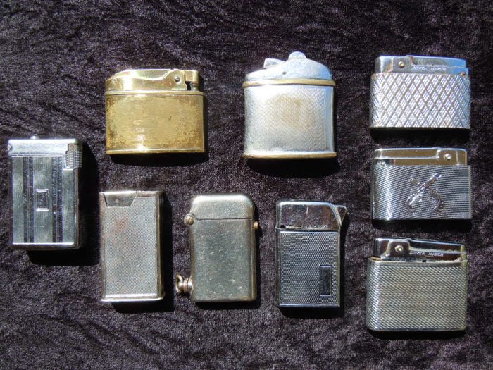 Lot of 9 antique collection lighters - 1900 to 1950 - chromed metal
