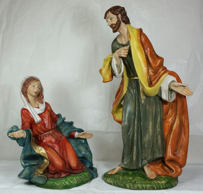 Elio Simonetti for Fontanini - figurines of a Madonna with Saint Joseph and a water carrier - large-sized Nativity scene - Lucca (Italy) - mid 20th century