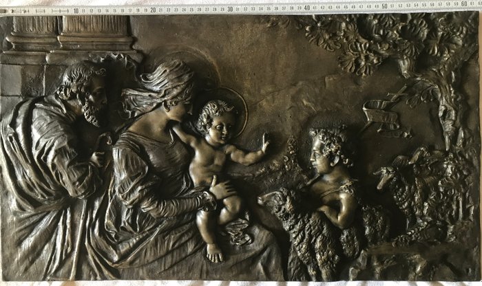 Cast bronze plate with bas-relief, 19th century, depicting the Holy Family - Italy