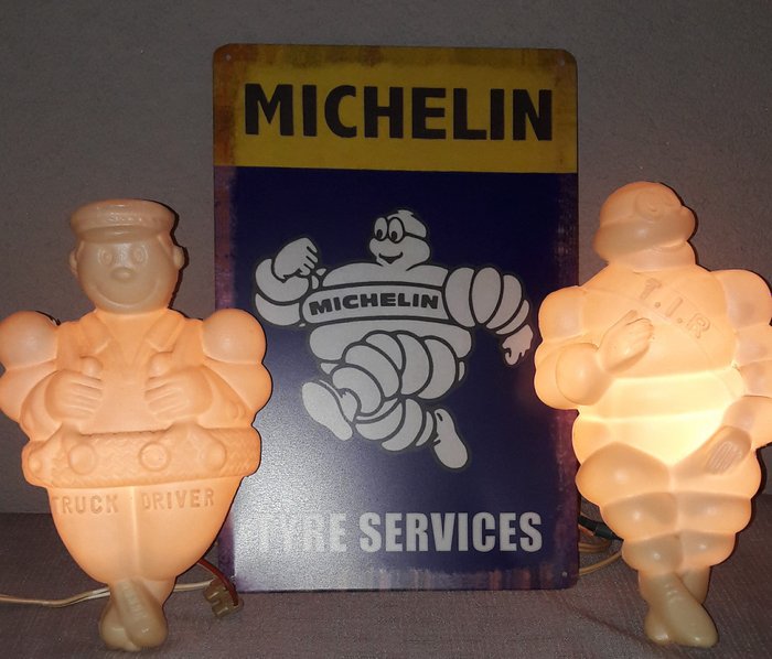 Michelin Bibendum and Truck Driver - 2 old figures with lighting - 24 cm - 2nd half 20th century