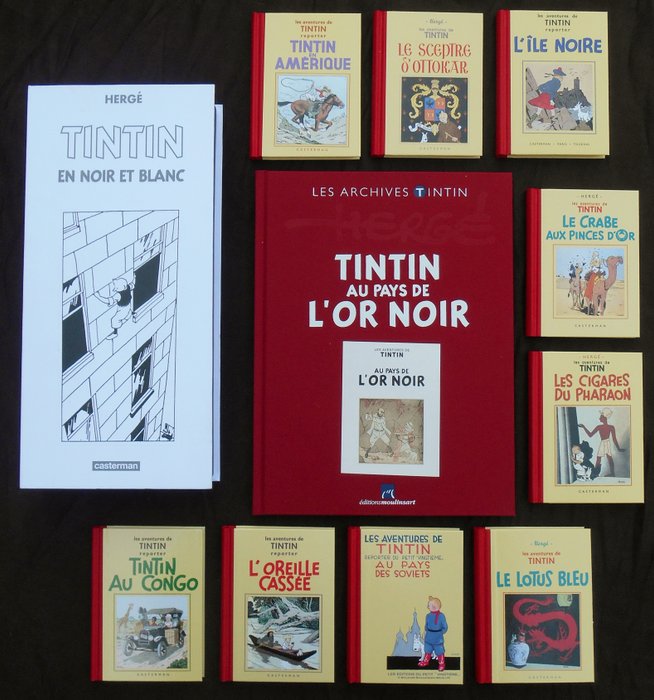 Hergé - Les archives Tintin (version originale noir et blanc): Tintin au pays de l'or noir + Box: Tintin en noir et blanc - 10x hc met linnen rug - 1e druk heruitgave + herdruk (2012/2014)