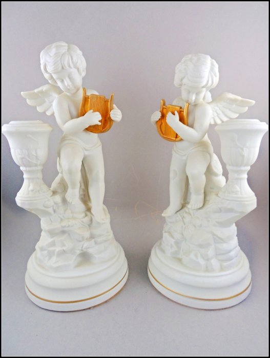 2 Porcelain Angel Sculptures - candlestick by Gianni Benvenuti - Franklin Mint