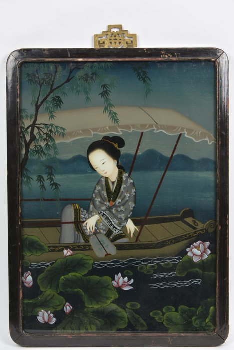 Eglomisé, achter glas schilderij - China - 2de helft 20ste eeuw