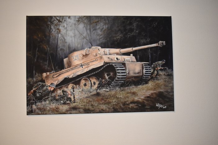 Kampfpanzer Tige rI Reproduktion Ölgemälde 75x50 auf Leinwand vom Urheber original signiert 