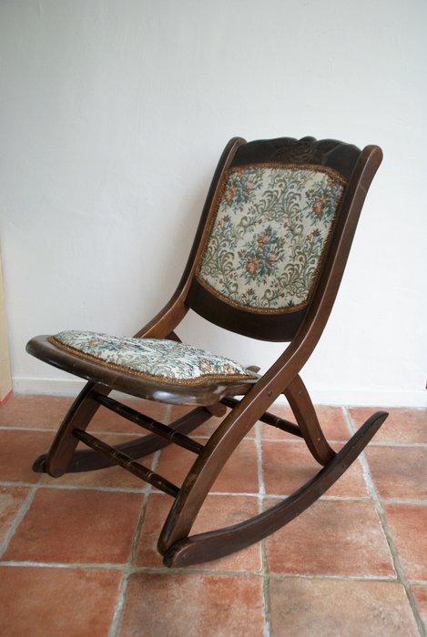 Small wooden folding rocking chair, hand-made, upholstered in tapestry
