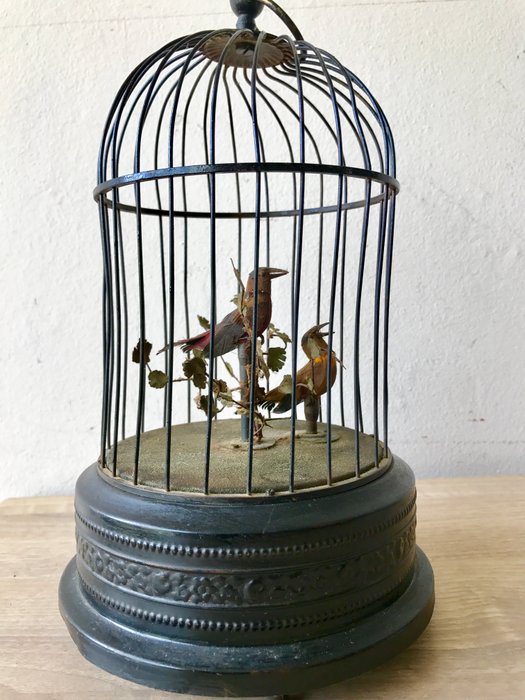 Antique bird cage music box with singing and moving nightingales