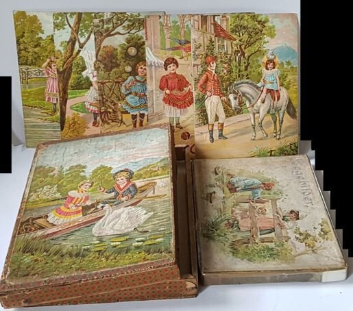 Antique wooden blocks puzzle and jigsaw puzzle chromolithograpy