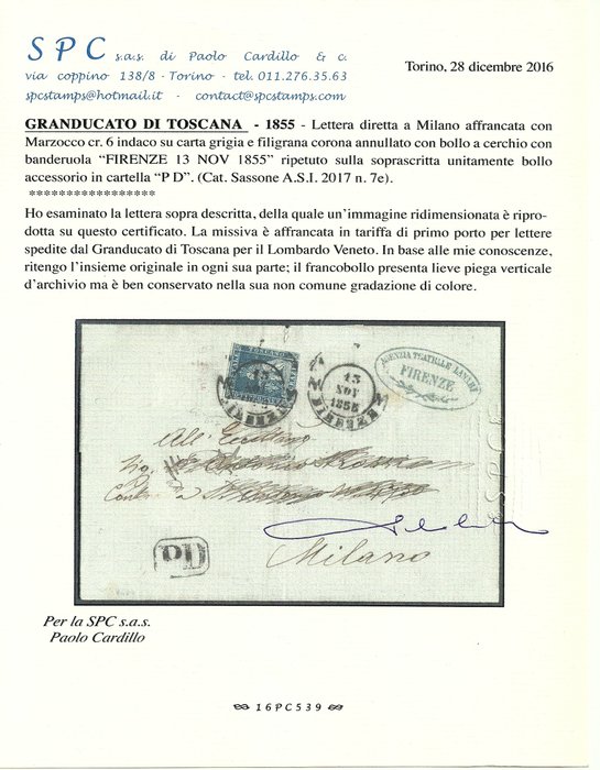 Grand Duchy Of Tuscany 6 Cr 1855 Indigo On Grey Paper