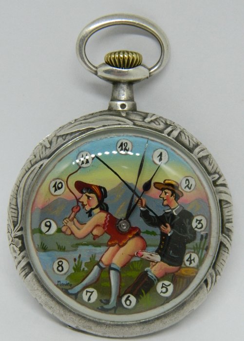 LIP - French Art Nouveau Erotic Pocket Watch ~ sex and fishing ~ circa 1915