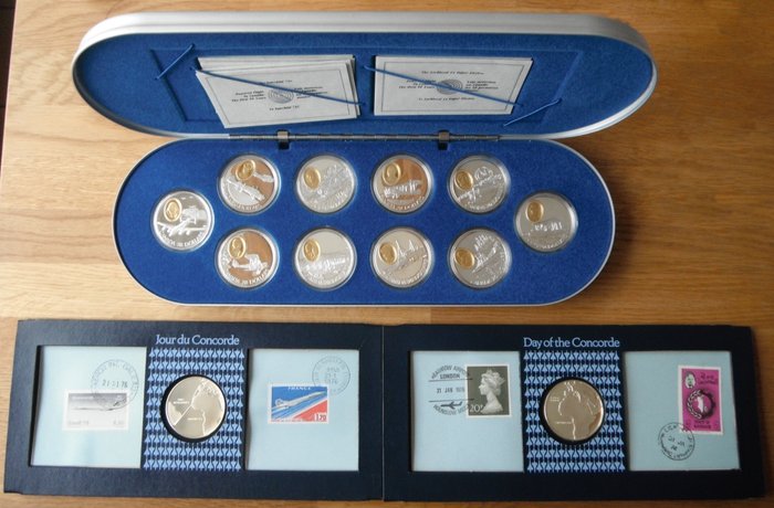 Canada - coin set "The first 50 years of powered flight in Canada" 20 dollars 1990 (10 different) + 2 different sets of the first Concorde Flight in 1976.