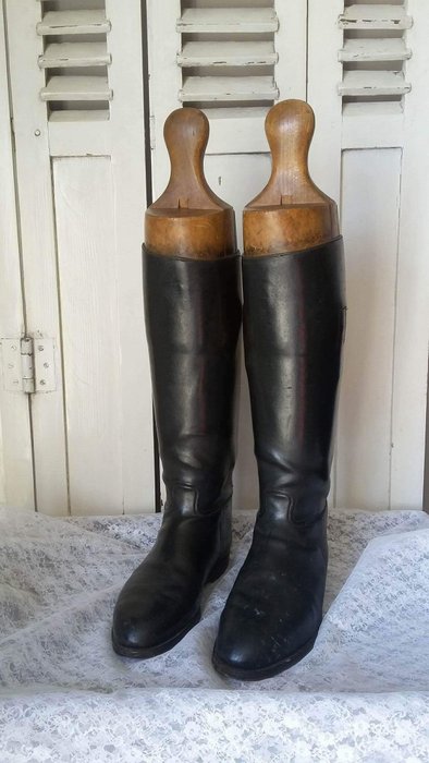 Black riding boots with old wooden boot trees, 1st half 20th century ...