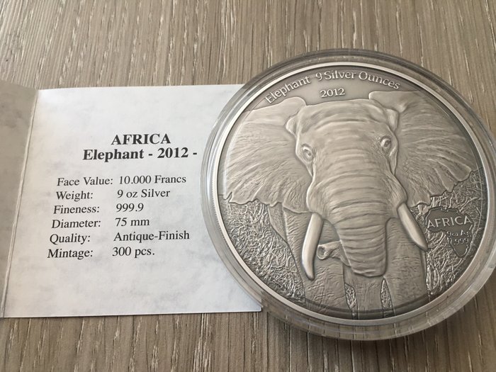 2012 Elephants 9 Silver Oz Gabon 10,000 Francs CFA Antique Finish Coin