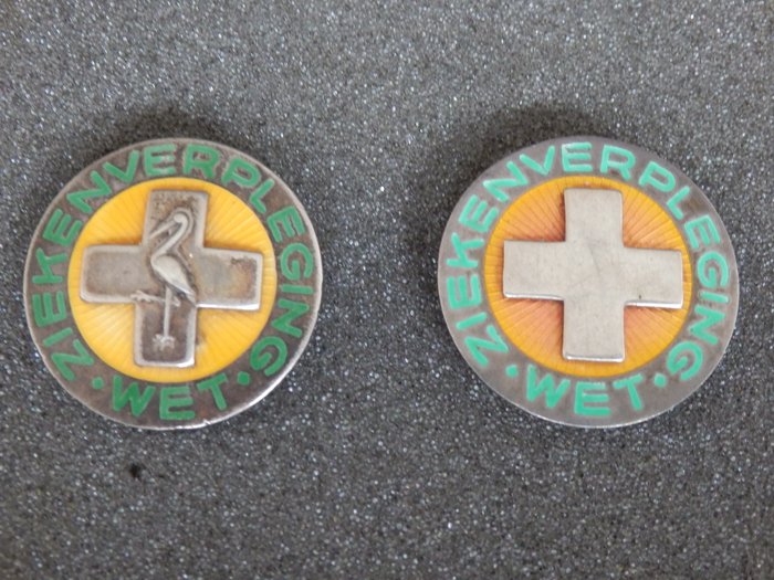 2 Rare Silver Enamel Brooches - Pins of  “Wet Ziekenverpleging” from the Hague