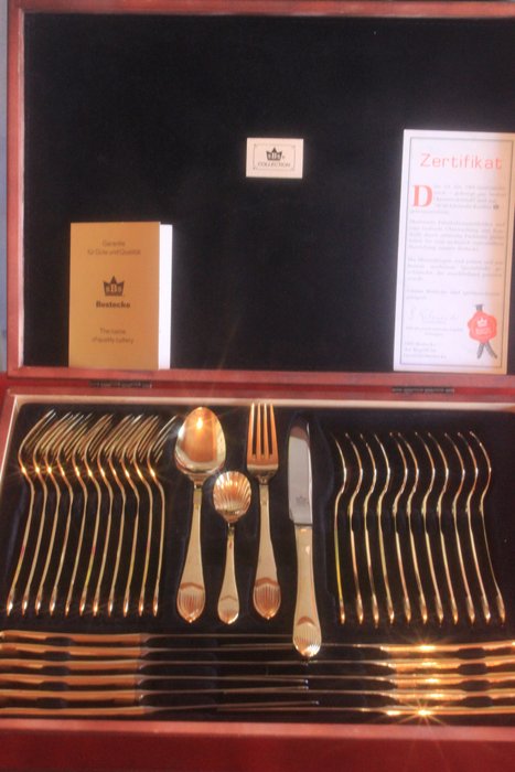 Anniversary edition, SBS Solingen cutlery 70 pieces - "Empire Royal Collection" model - 18/10 stainless steel, 23/24 karat hard gold plated, new, mint condition, 1000 gold, fine wood cutlery tray,