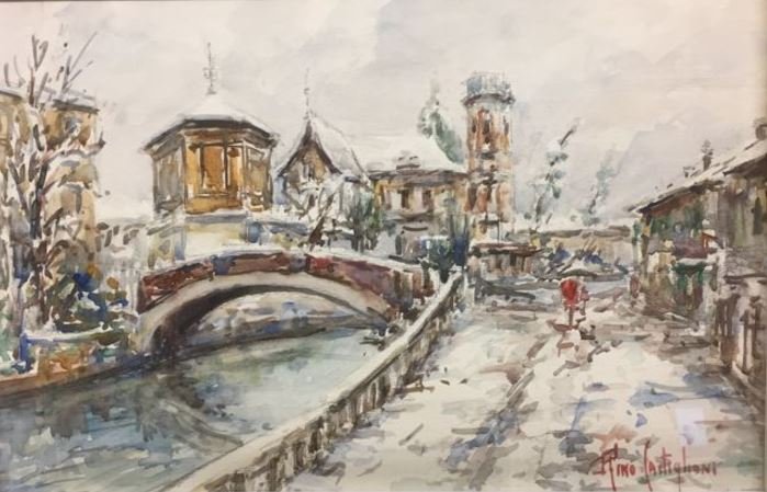 Rino Castiglioni (1909 - ?) - Vecchia Milano, Il ponte di Gorla sotto la neve