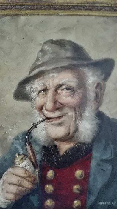 W.L. Mumberg (20e eeuw) - Oude heer met pijp in goudvergulde barokomlijsting