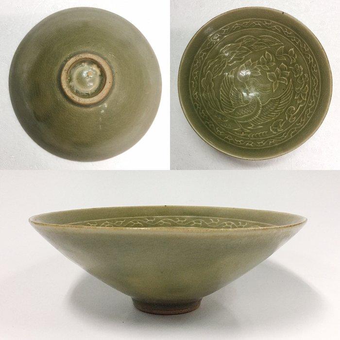 Southern Song Style glaze ceramic Longquan celadon flora & phoenix bowl - China - late 20th century