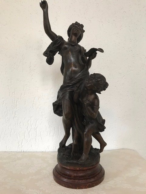 Hippolyte Francois Moreau (1832-1927) “L' Inspiration” - large zamak sculpture of a young woman with child - France - ca. 1880