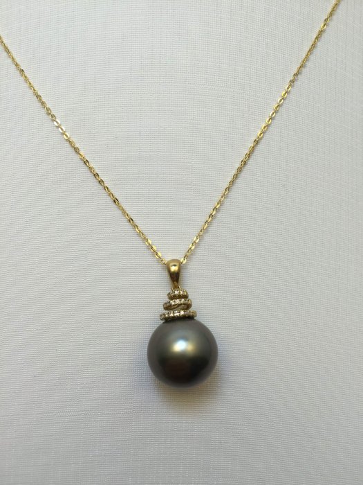 Tahiti black pearl necklace, pearl diameter 11.2 mm. With - Catawiki