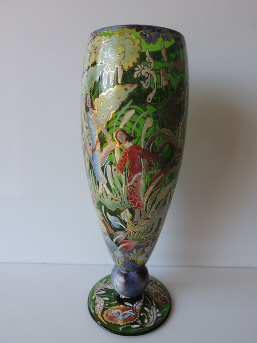 Very large enamel painted vase on pedestal signed José Royo.